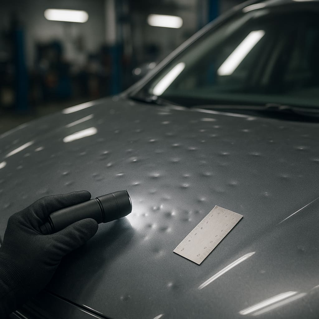 Hagelschaden-Inspektion auf Fahrzeugdach